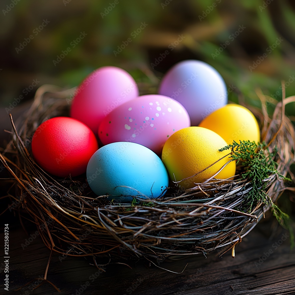 colorful easter nest with easter eggs colorful easter nest with easter eggs