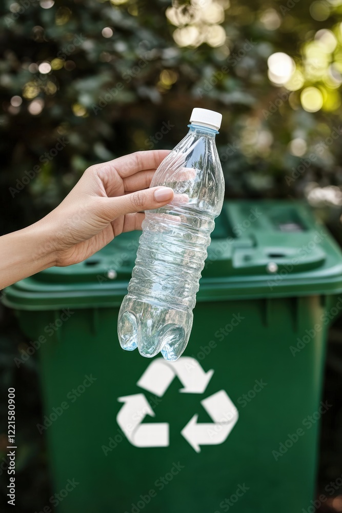 custom made wallpaper toronto digitalA hand holding a clear plastic water bottle above a green recycling bin with a symbol for recycling.