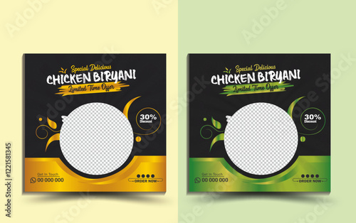 Food social media banner design template. Biryani Kebabs social media post vector illustration. Square size. Super delicious food menu Instagram Ads promotional design Web banner template with mockup
