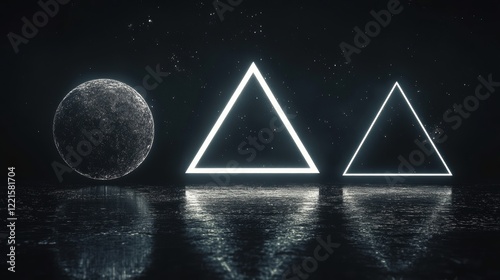 Abstract geometric illustration with a circle, triangle, and square in white chalk texture on a black background, evoking simplicity, balance, and modern minimalism photo