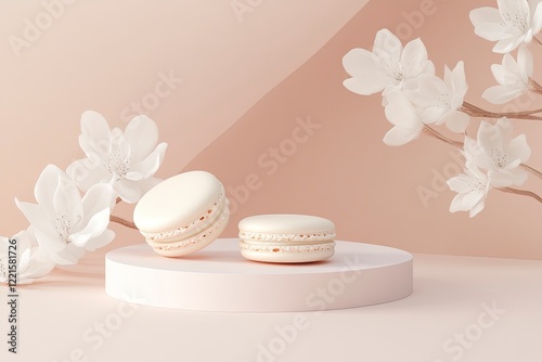 Flatlay macaroons with a decor in the form of whithe flowers and a whithe podium on a light pink background