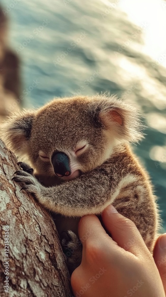 Fototapeta premium A cute koala cuddles close to a tree branch, blissfully asleep, conveying a sense of peace and tranquility in nature's serene environment by the water.