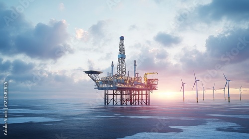 An image combining oil and gas operations with renewable energy, showing a modern drilling rig alongside wind turbines and solar panels, symbolizing the energy transition, 16:9 photo