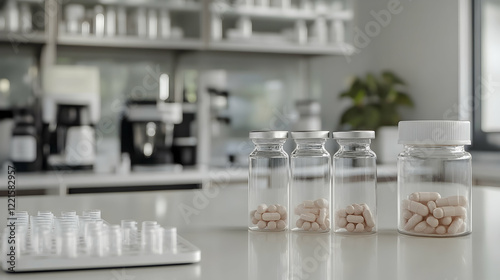 Minimalistic art of dissolvable capsules in laboratory setting for design and science photo