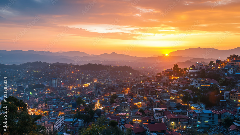 Obraz premium Vibrant Cityscape Sunset Over Rolling Hills