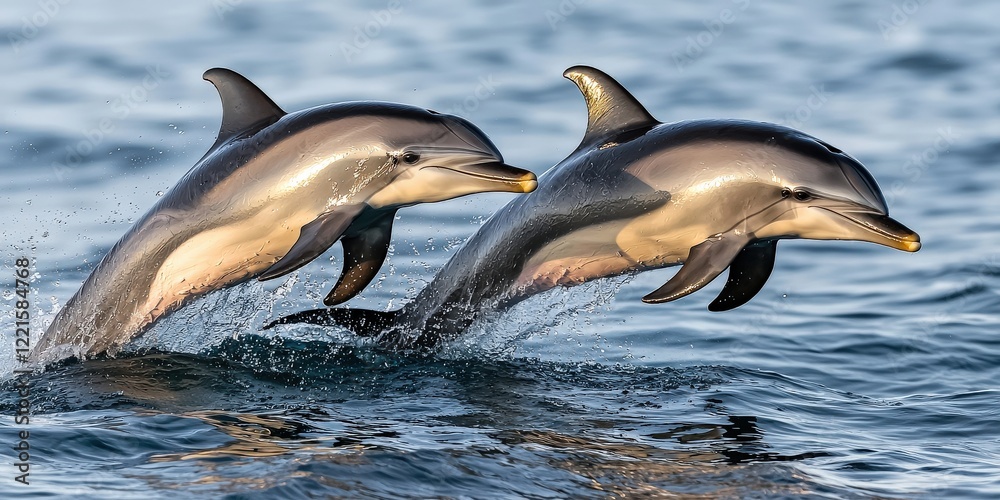 Obraz premium A pair of dolphins leaping joyfully out of the water at sunrise, their sleek forms creating perfect arcs