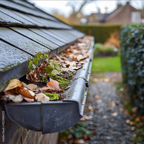 Illustrate a closeup view of a gutter at roof level on a UK residential property with a light grey brick facade and dark clay roof tiles The gutter is filled with lea