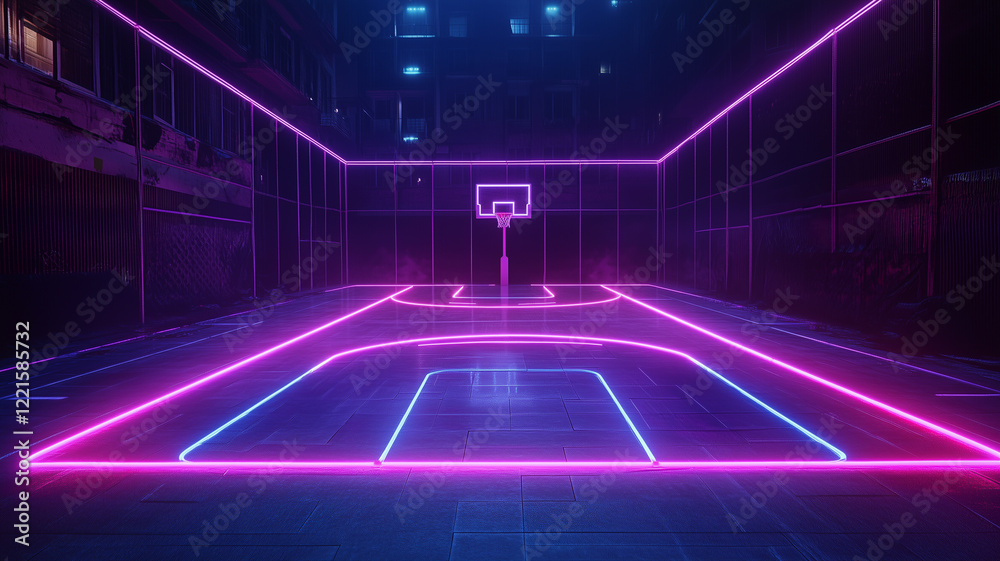 Obraz premium Futuristic Neon Basketball Court at Night