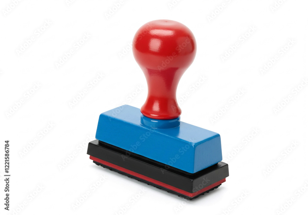 Colorful blue and red rubber stamp with a solid base, perfect for branding or validation in a professional setting. Colorful blue and red rubber stamp with a solid base, perfect for branding or validation in a professional setting.