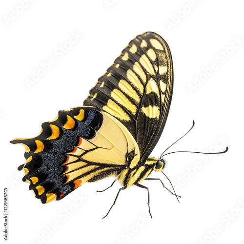 A swallowtail butterfly with yellow and black patterned wings, delicately perched on a leaf