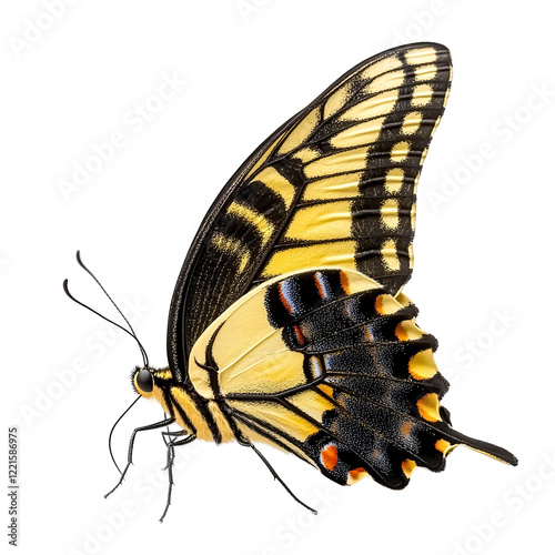 A swallowtail butterfly with yellow and black patterned wings, delicately perched on a leaf