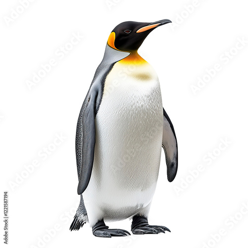 A tall adult emperor penguin with smooth black and white feathers standing proudly on icy terrain