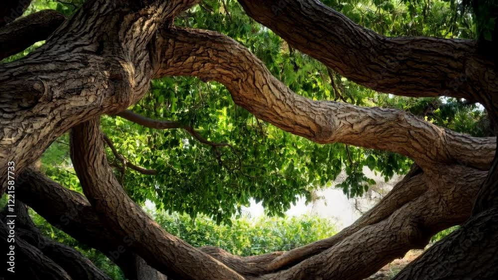 Tree with a large trunk and branches that are twisted and bent. The tree is surrounded by a forest and he is a part of a larger tree. Concept of growth and strength Tree with a large trunk and branches that are twisted and bent. The tree is surrounded by a forest and he is a part of a larger tree. Concept of growth and strength