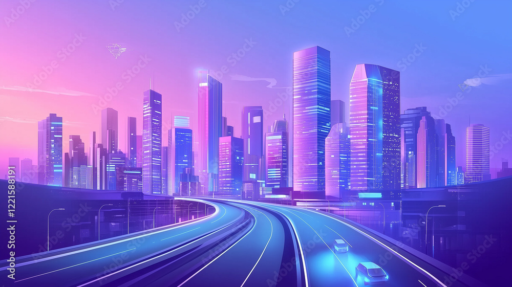 Fototapeta premium Futuristic City Skyline at Night with a Glowing Highway