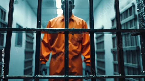 An inmate stands in a narrow prison hallway, wearing an orange jumpsuit. The strong metal bars cast shadows while bright lights illuminate the gloomy surroundings, hinting at confinement.