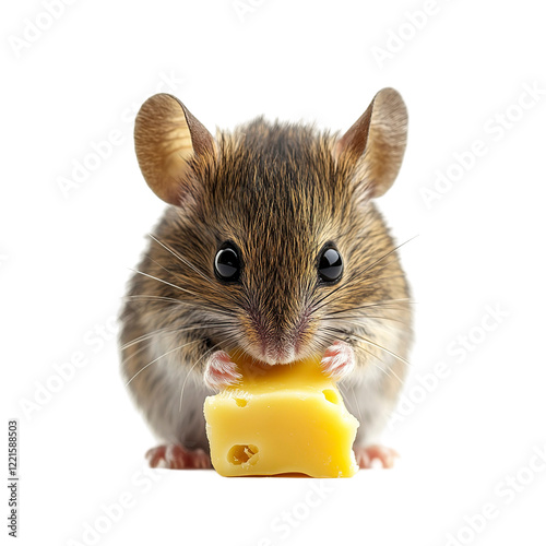 A tiny mouse nibbling on a piece of cheese, with delicate whiskers and soft fur