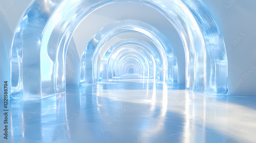 Naklejka premium Crystal-clear ice hallway with glowing arches and reflective floors, cold and sleek design, perfect for futuristic architecture, fantasy realms, or sci-fi settings. Luminous Arch. Illustration