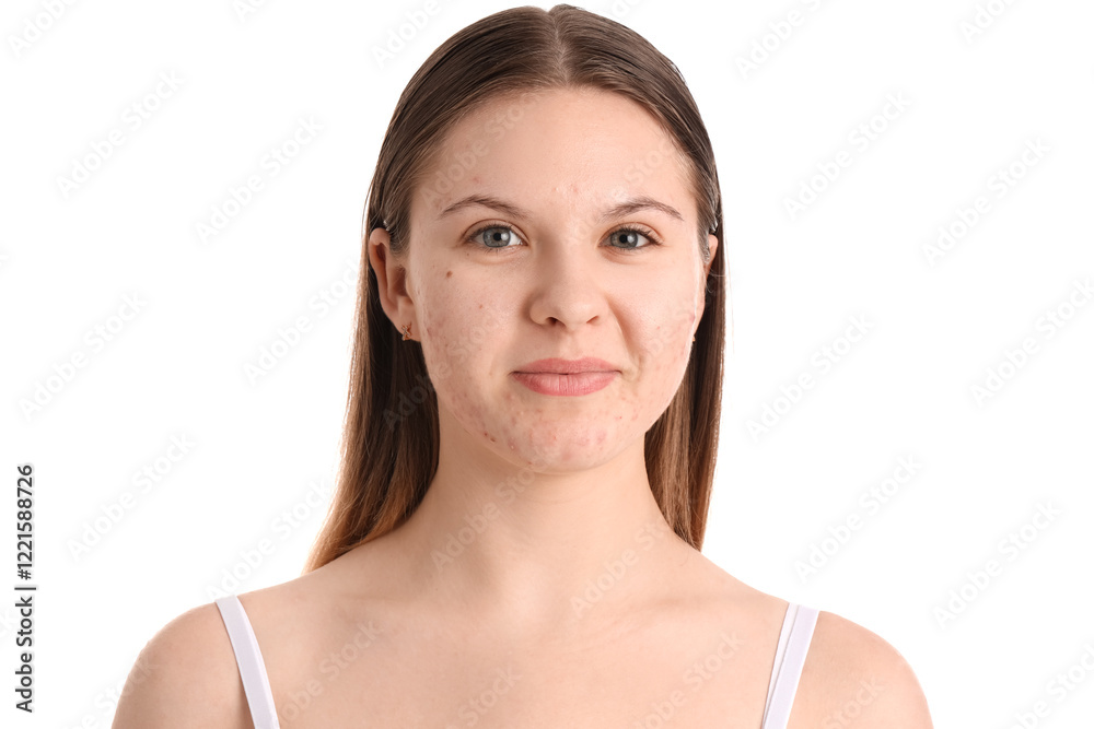 Teenage girl with acne problem on white background, closeup Teenage girl with acne problem on white background, closeup
