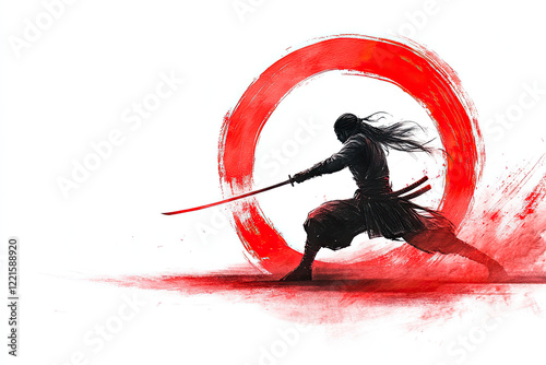 Ninja warrior in combat stance with katana, white background with red circle brushstroke. Space for text on right side photo