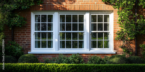 Exterior view of double hung sash windows classic white wooden frames with vertical divisions set in a red brick facade of a traditional British home natural daylight