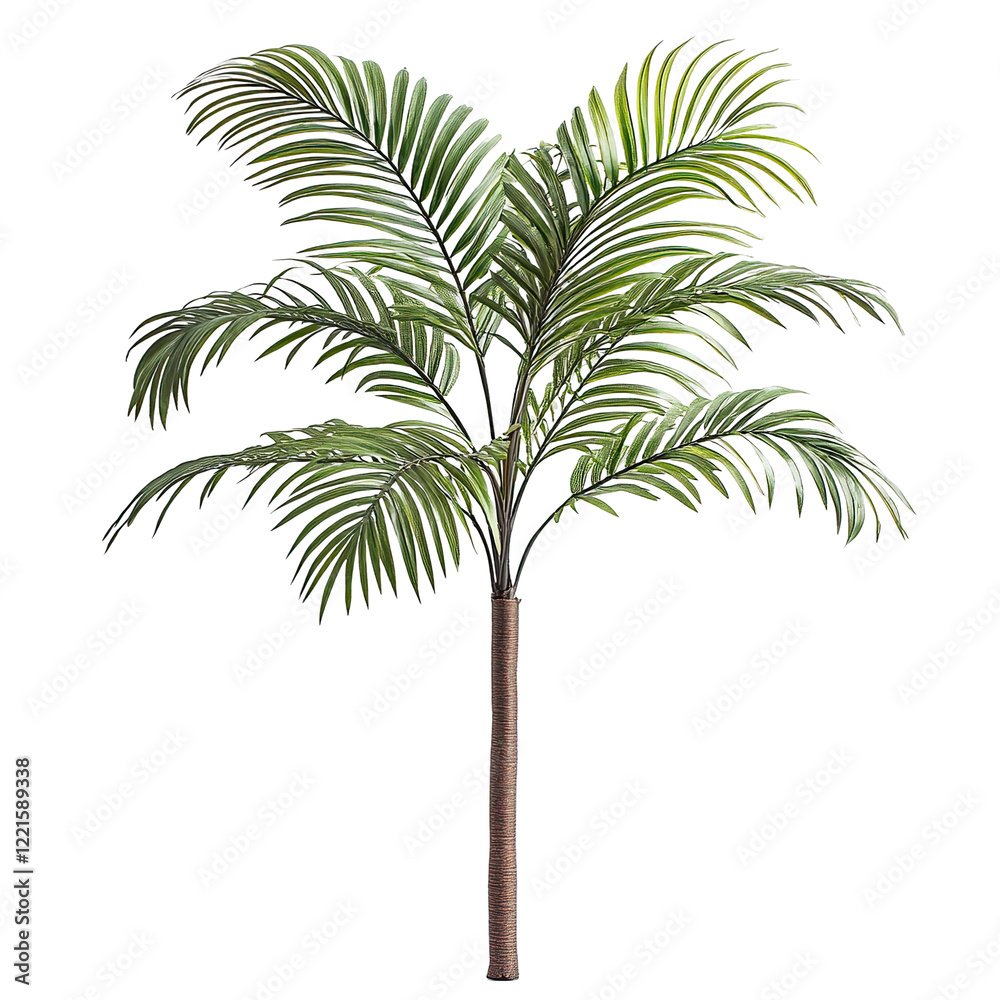 Obraz premium A tropical palm tree with long arched fronds, swaying under a bright blue sky