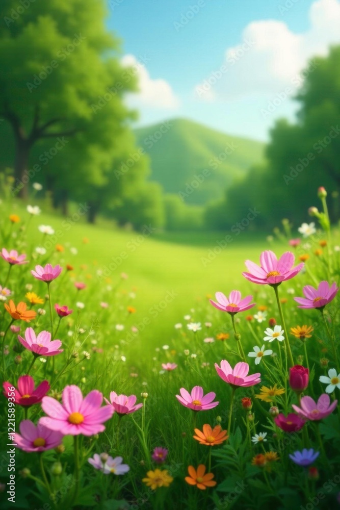 green meadow with scattered pink cosmos flowers and wildflowers in the foreground, lush, flowers, greenery green meadow with scattered pink cosmos flowers and wildflowers in the foreground, lush, flowers, greenery