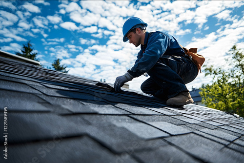A man a worker is working on a roof The male is a house roofer wearing a helmet and overalls building a shingle roof in a residential area