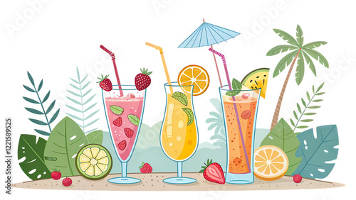 A vibrant banner featuring colorful tropical drinks in tall glasses with fruit garnishes, transparent background