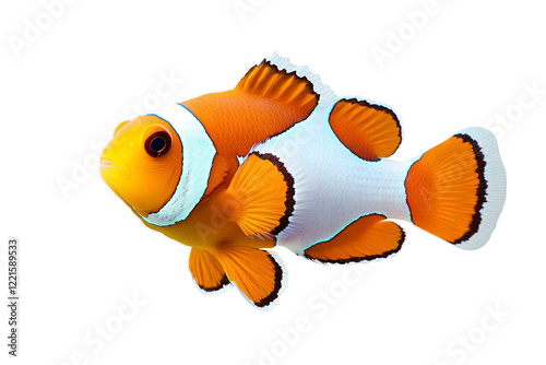 A vibrant clownfish with striking orange and white patterns swimming near a coral reef