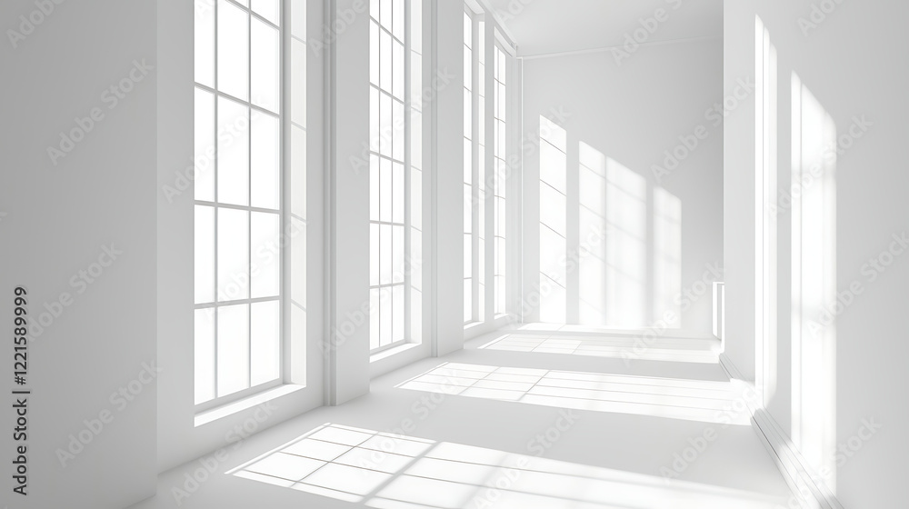 Obraz premium Sunlit empty white room with large windows.