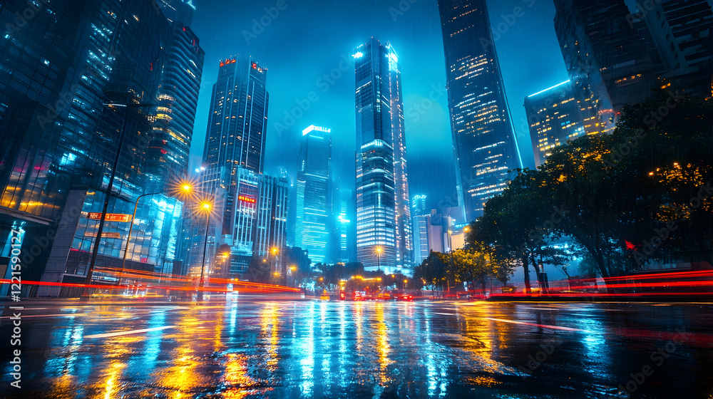 Minimalistic urban nightscape with illuminated modern skyscrapers in rainy setting Minimalistic urban nightscape with illuminated modern skyscrapers in rainy setting