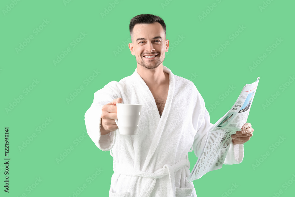 Happy young man in bathrobe with cup of coffee and newspaper on green background Happy young man in bathrobe with cup of coffee and newspaper on green background