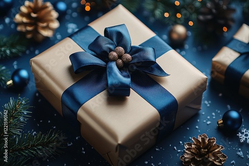 Elegant gold gift box with blue ribbon and festive pinecone decoration