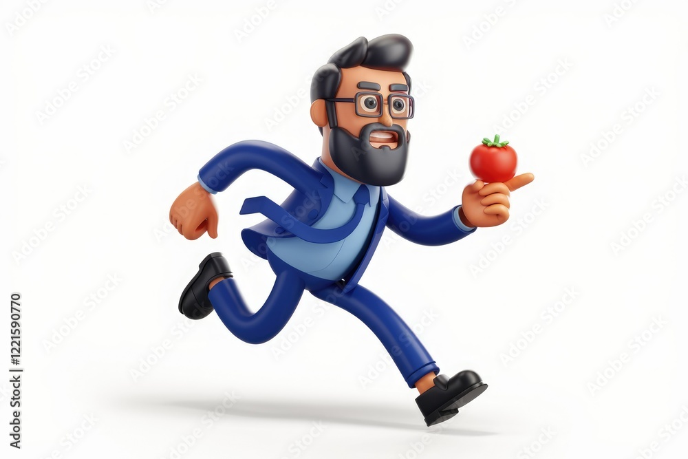 A 3D cartoon businessman runs while holding a tomato, perhaps rushing to a meeting or a healthy lunch. A 3D cartoon businessman runs while holding a tomato, perhaps rushing to a meeting or a healthy lunch.