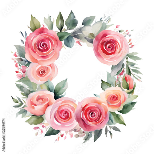 Watercolor roses round frame flowers with gold, symbol of love, wedding, purity, vector illustration.