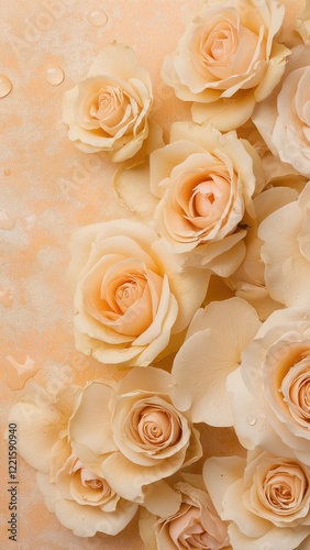 Elegant beige roses adorned with water droplets placed on a soft peach background, evoking romance, beauty, and delicacy.  .