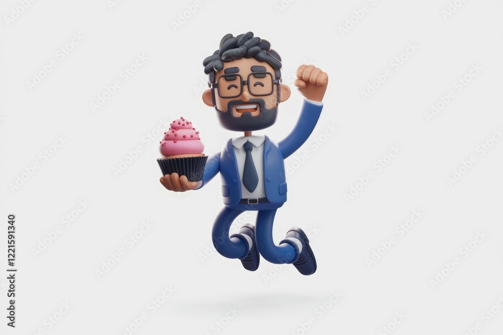 A joyful 3D cartoon businessman in a suit leaps in the air, happily holding a pink cupcake. A joyful 3D cartoon businessman in a suit leaps in the air, happily holding a pink cupcake.