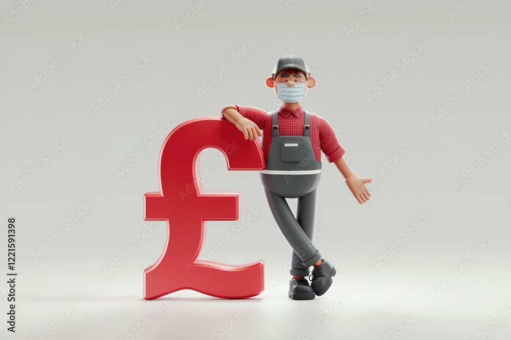 A 3D cartoon worker wearing a mask leans against a large red British pound symbol. A 3D cartoon worker wearing a mask leans against a large red British pound symbol.