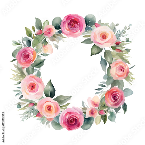 Watercolor roses round frame flowers with gold, symbol of love, wedding, purity, vector illustration.