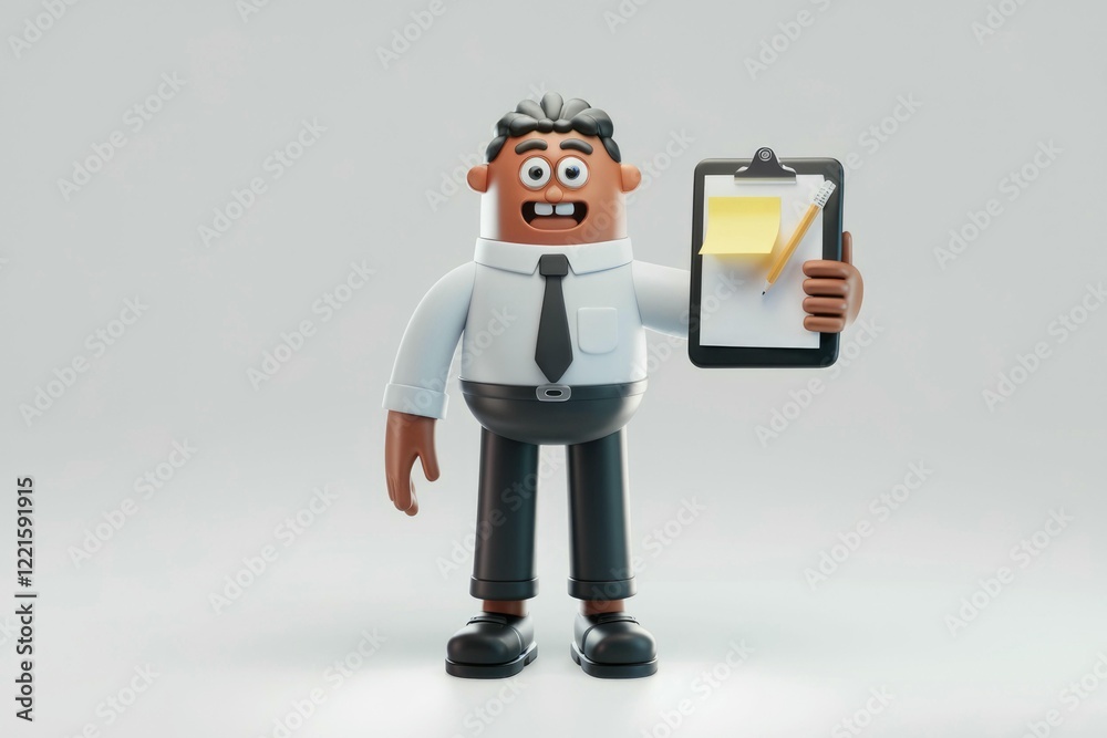 A cheerful 3D cartoon businessman holds a clipboard, a pencil, and a sticky note, ready for tasks. A cheerful 3D cartoon businessman holds a clipboard, a pencil, and a sticky note, ready for tasks.