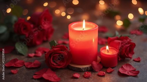 Romantic red candles and roses with petals, valentine's day concept banner