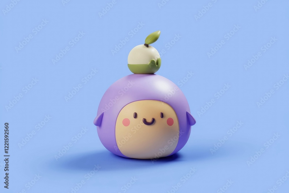 A cute 3D rendered cartoon character, a purple bird with a small fruit on its head, against a light blue background. A cute 3D rendered cartoon character, a purple bird with a small fruit on its head, against a light blue background.