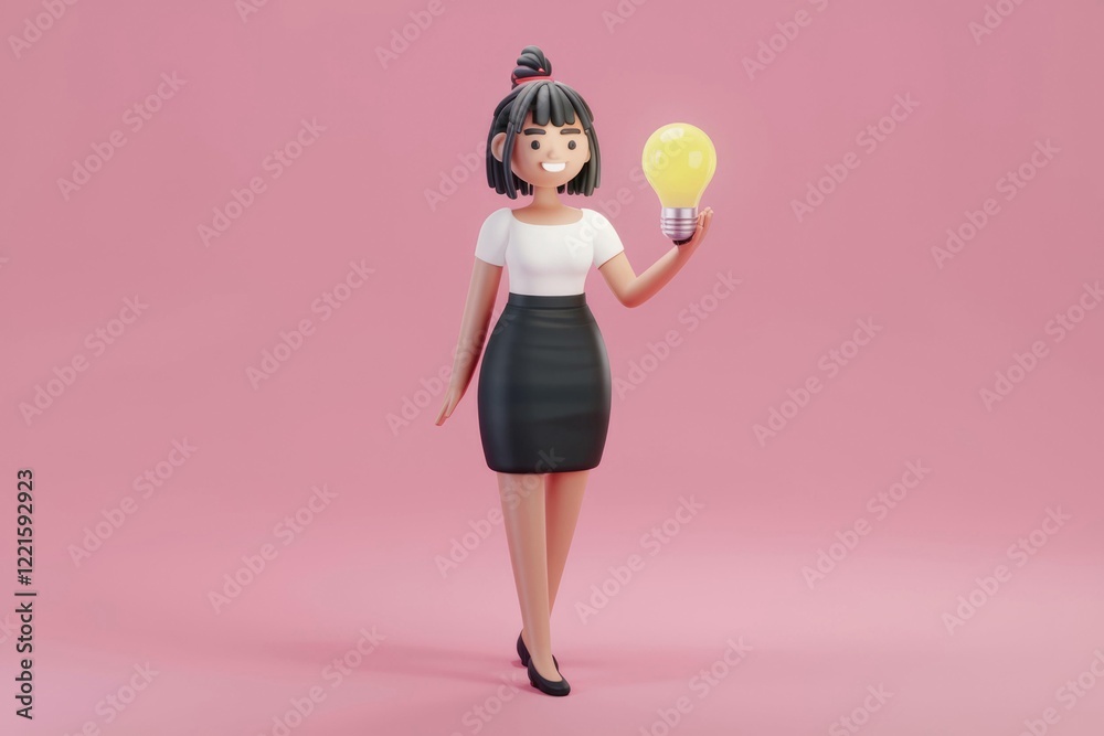 A 3D cartoon woman in business attire happily holds a glowing lightbulb, symbolizing a brilliant idea. A 3D cartoon woman in business attire happily holds a glowing lightbulb, symbolizing a brilliant idea.