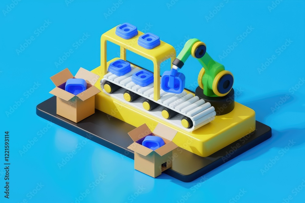 Automated robotic arm sorts and packs blue cube-shaped objects into cardboard boxes on a conveyor belt. Automated robotic arm sorts and packs blue cube-shaped objects into cardboard boxes on a conveyor belt.