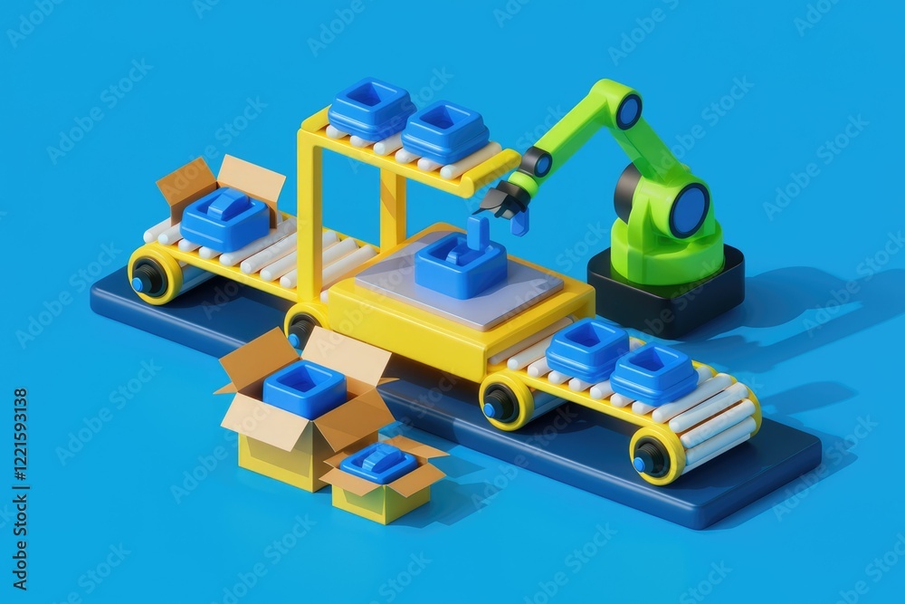 Automated production line showcasing robotic arm placing blue items into boxes on conveyor belt. Automated production line showcasing robotic arm placing blue items into boxes on conveyor belt.