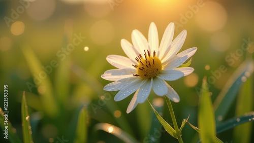 Macro photography of daisies in sunlight with morning dew	