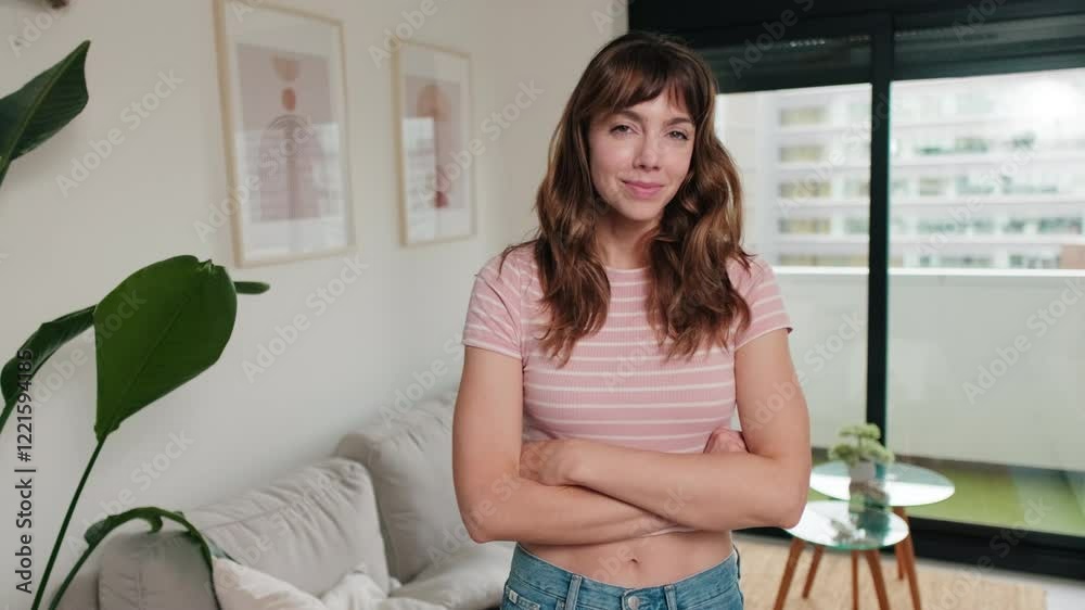 Happy woman smiling at camera at home. Love, relationship, happiness, apartment, casual, home, portrait, cheerful, beautiful, joy, carefree, relax Happy woman smiling at camera at home. Love, relationship, happiness, apartment, casual, home, portrait, cheerful, beautiful, joy, carefree, relax