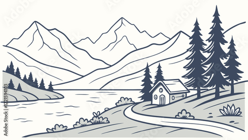 A minimalist flat vector illustration of an idyllic landscape with mountains, a lake and a small hut
