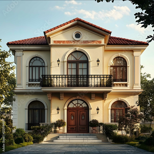 uma foto ultra realista de uma fachada de uma linda e moderna casa e que represente uma pessoa com essas caracteristicas pessoais sociavel equilibrada justa diplomatic