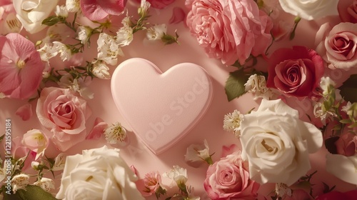 Valentine mockup card abstract design. Pink Heart Amidst a Bouquet of Roses and Flowers.